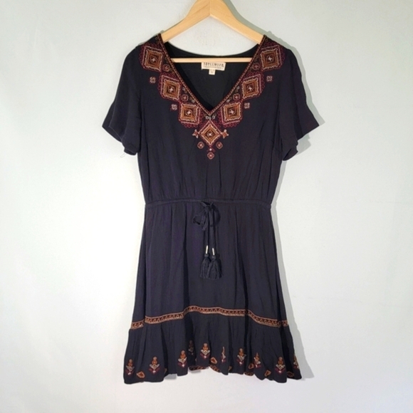 IDYLLWIND Embroidered Boho Dress XS Black Short Sleeve Boho Grunge Goth Tassel - Picture 1 of 12